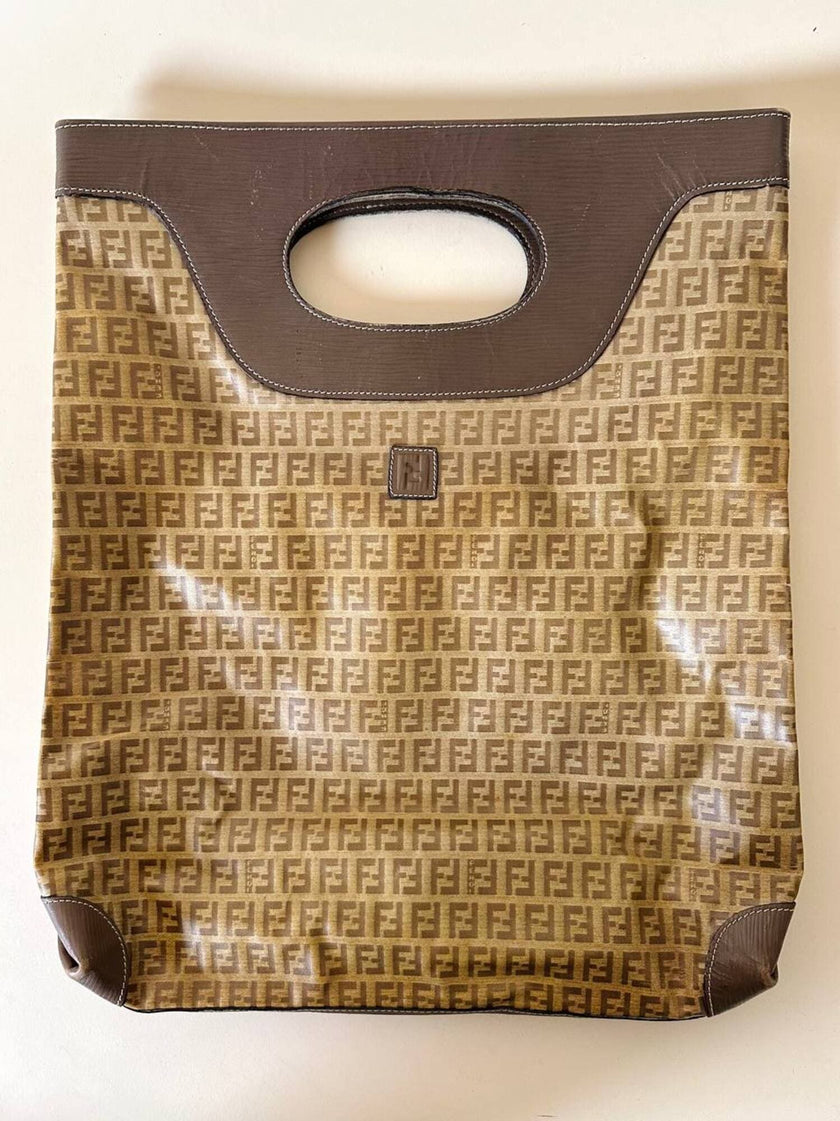 Tote bag vintage Fendi in tela monogram e marrone con finiture in pelle tortora