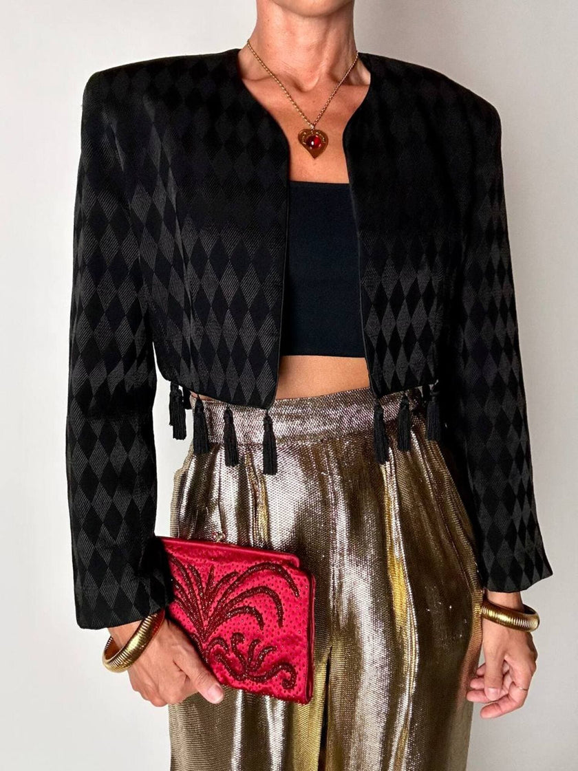 Spencer vintage Louis Féraud in tessuto jacquard nero operato a losanghe e nappine