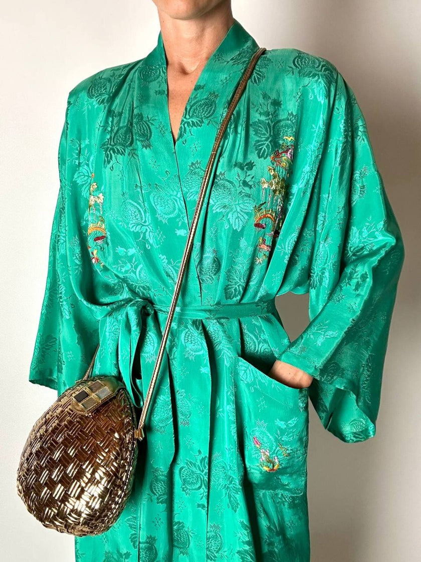 Green rayon jacquard kimono robe with multicolor embroidery