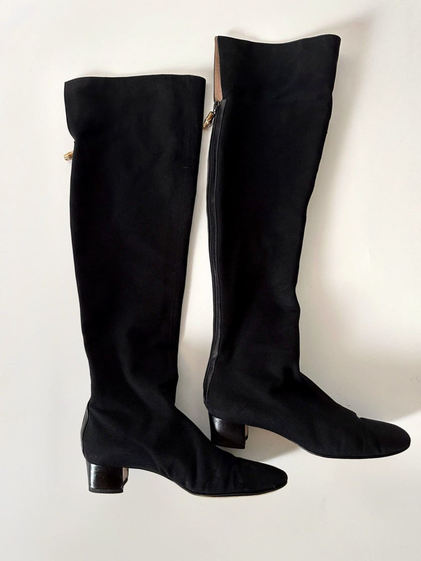 Stivali cuissard vintage Gucci in canvas nero  con zip posteriore e dettaglio bambù