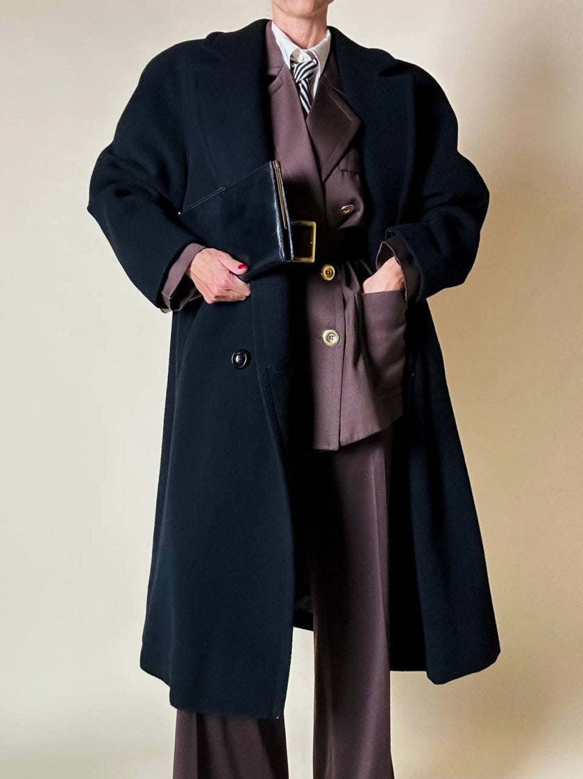 Blazer doppiopetto in lana color cioccolato “Yves Saint Laurent” con pantalone abbinato