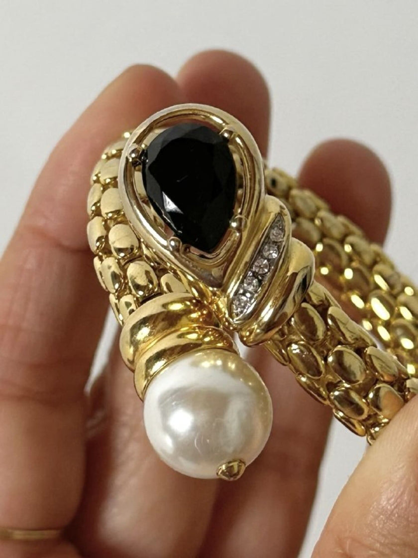 Bracciale vintage in metallo dorato con perla onice nero e cristalli