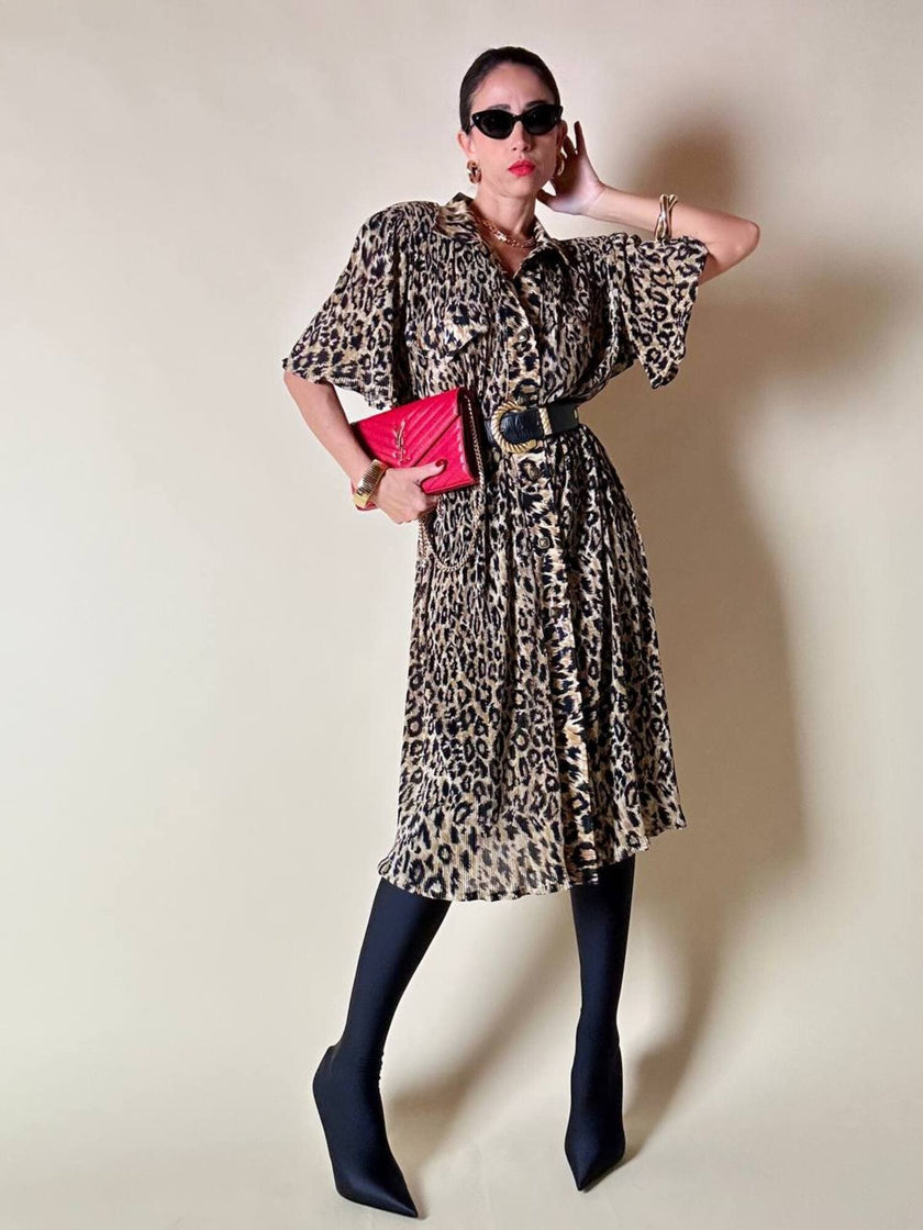 Chemisier vintage leopardato in tessuto micro plissé Henriette
