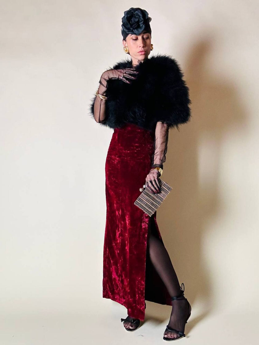 Clutch gioiello in seta nera con armatura di perline dorate “Rodo”