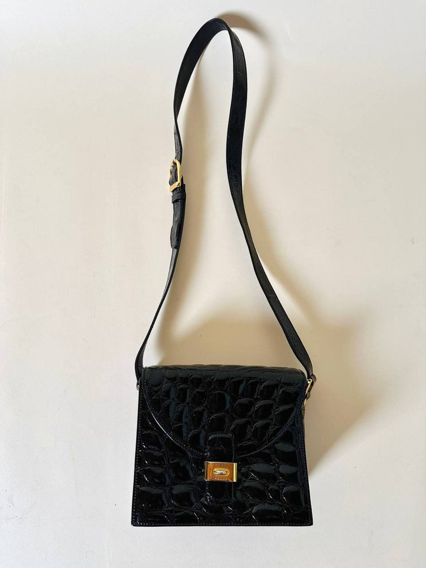 Borsa in pelle nera lucida stampa cocco “Gianfranco Ferré”