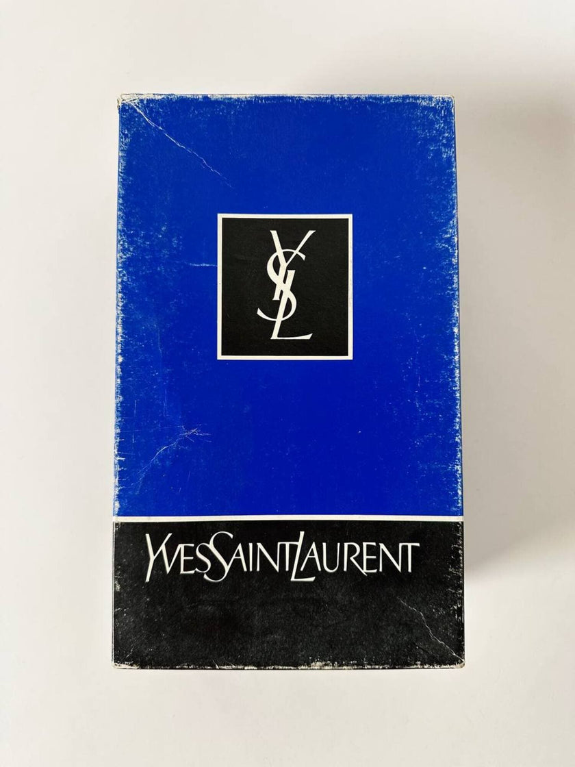 Sandali vintage Yves Saint Laurent in raso di seta nero e pelle laminata oro