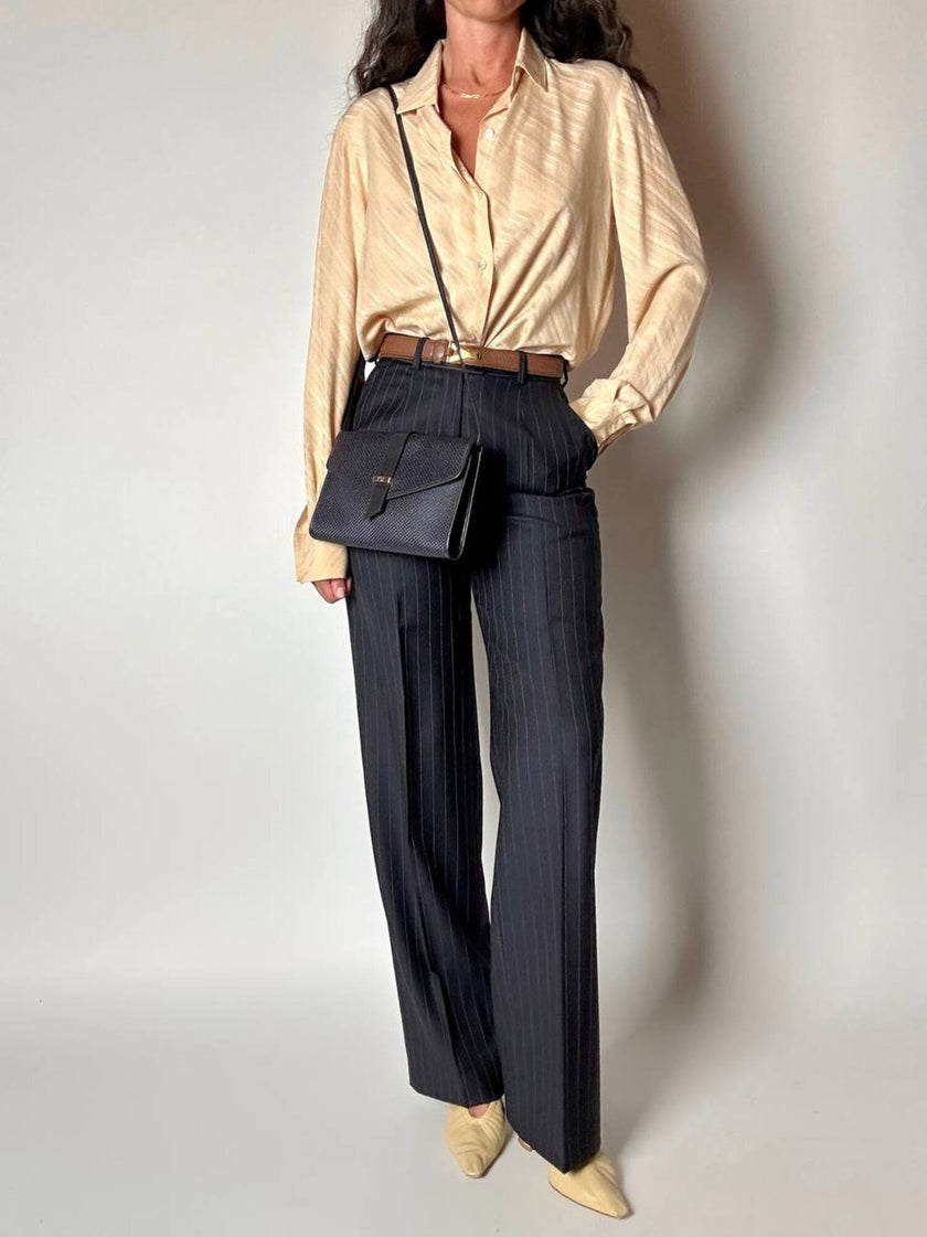 Pantalone vintage a palazzo blu notte gessato in pregiato fresco lana di Tasmania e seta