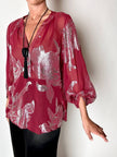 Blusa vintage Hale Bob in chiffon bordeaux fantasia floreale in lamé argento