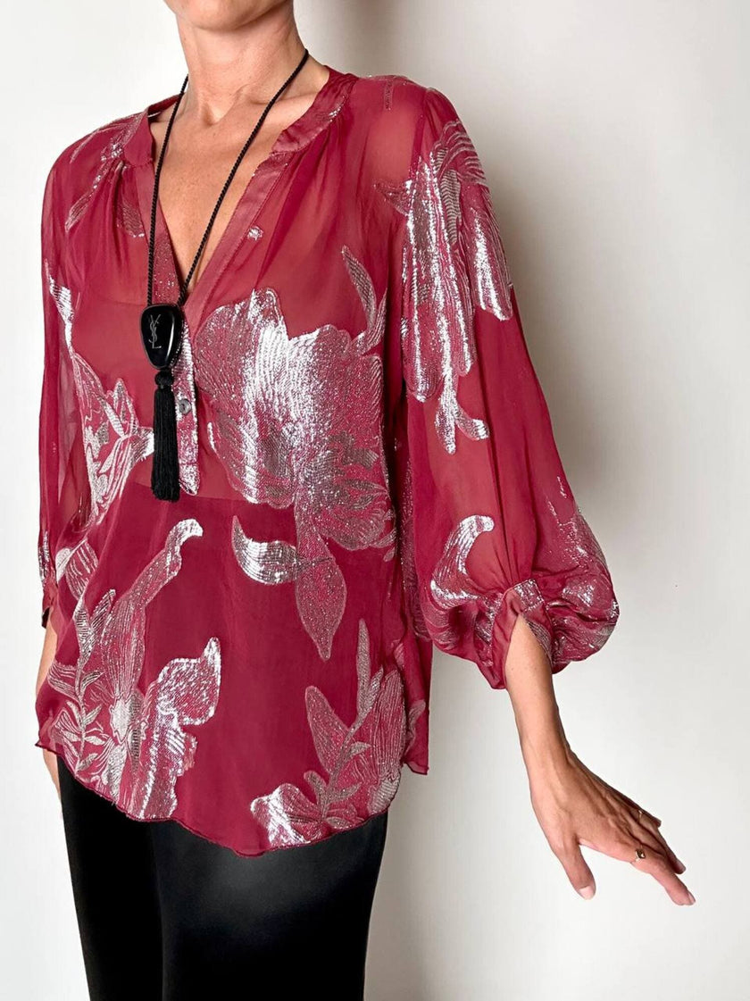 Blusa vintage Hale Bob in chiffon bordeaux fantasia floreale in lamé argento