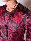 Abito Yves Saint Laurent Rive Gauche in raso con fantasia damascata rossa e nera