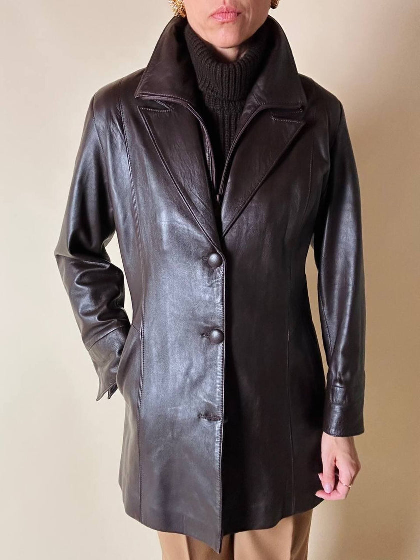 Dunkelbraune Vintage-Lederjacke mit integrierter Weste