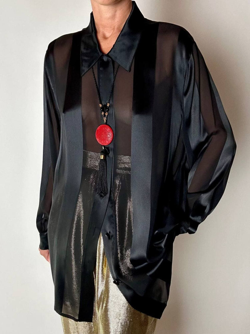 Camicia vintage Marina Rinaldi in chiffon di seta dèvorè a righe verticali