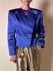 Vintage-Jacke von Yves Saint Laurent aus kobaltblauem Satin mit mehrfarbigen Schmuckknöpfen