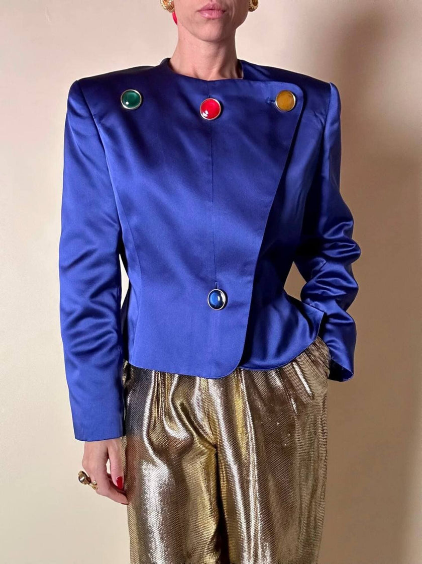 Vintage-Jacke von Yves Saint Laurent aus kobaltblauem Satin mit mehrfarbigen Schmuckknöpfen