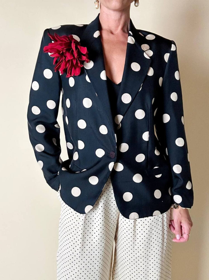 Blazer in seta nera a grandi pois color panna “Genny”