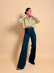 Pantalone a palazzo in gabardine di lana verde bottiglia
