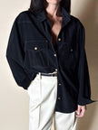 Camicia vintage nera con tasche applicate sul petto cuciture in lamé oro e bottoni dorati