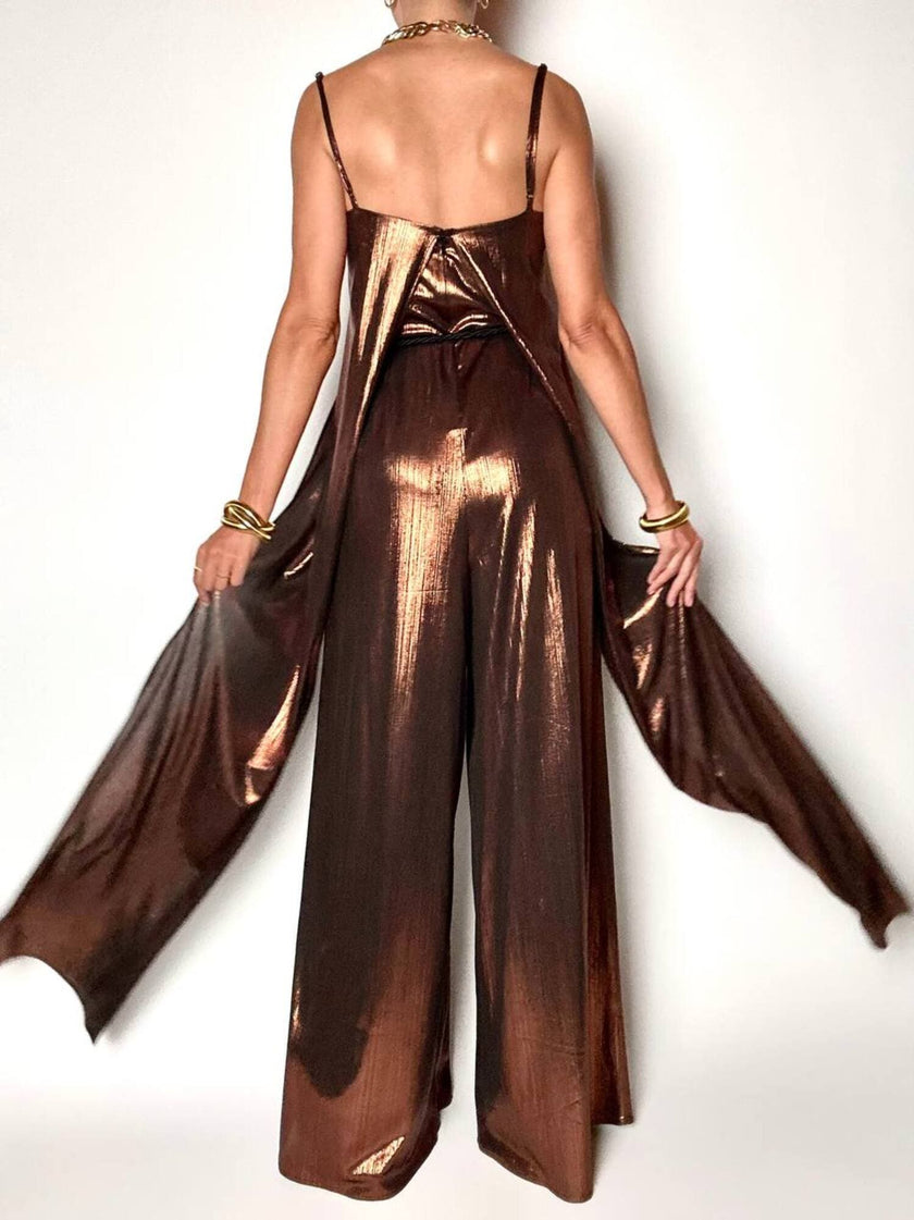 Jumpsuit a palazzo Weili Zheng in tessuto laminato bronzo