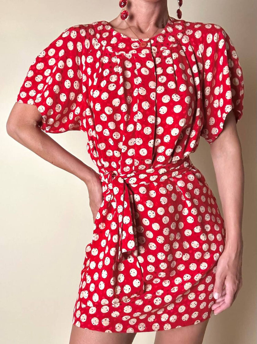 Mini abito rosso in seta jacquard a pois con fusciacca in coordinato “Fendi”