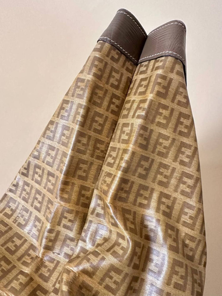 Tote bag vintage Fendi in tela monogram e marrone con finiture in pelle tortora