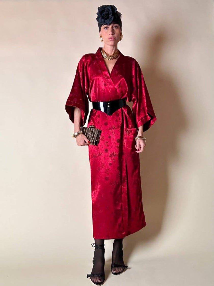 Kimono rosso bordeaux in tessuto Jacquard