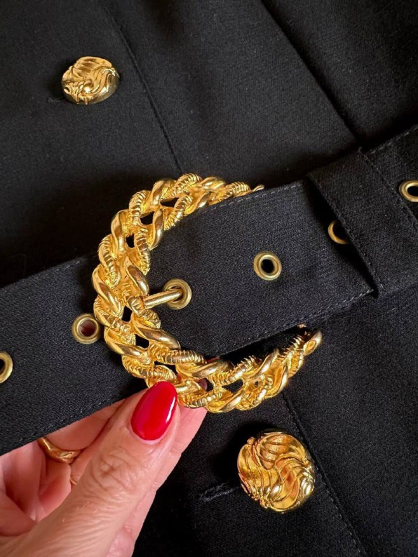 Mini Jumpsuit nera in rasato di lana con bottoni gioiello e cintura in coordinato
