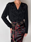 Camicia vintage in misto seta nero con passamanerie ricamate e nappe couture