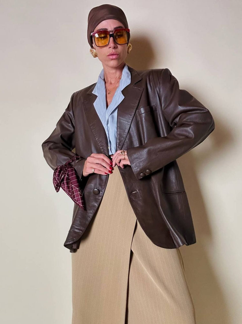 Blazer oversize in pelle color cioccolato