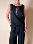 Canottiera in cotone nero con maxi logo ricamato “Yves Saint Laurent”