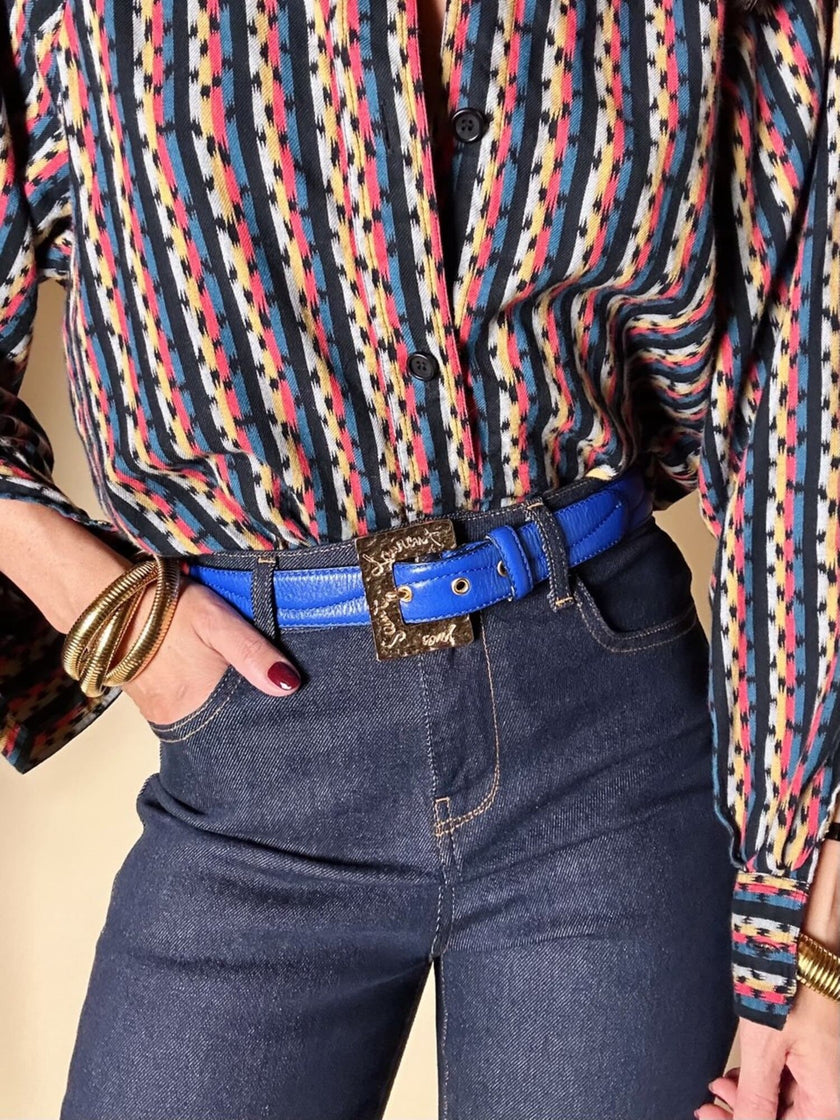 Cintura vintage Yves Saint Laurent in pelle bluette con fibbia gioiello dorata