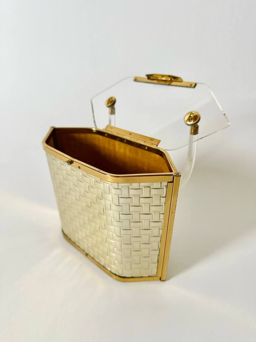 Box Bag vintage in lucite e metallo dorato effetto intrecciato