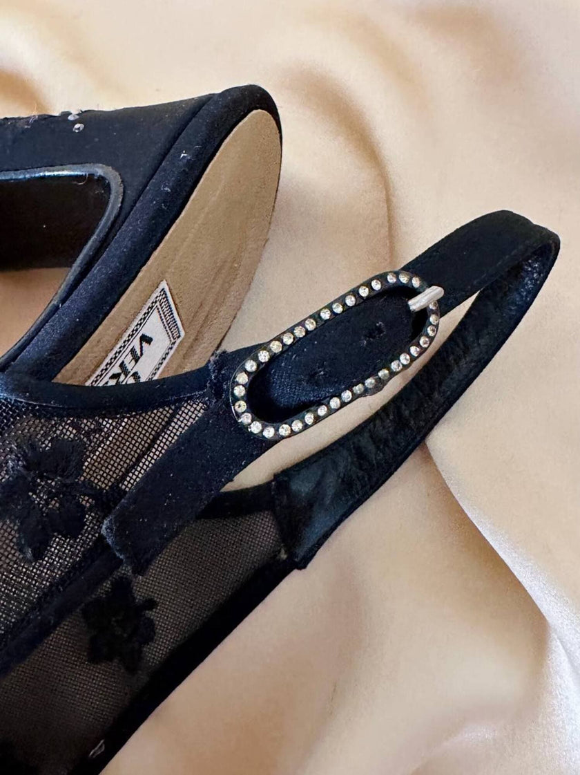Slingback con plateau in raso di seta e rete ricamata “Gianni Versace”