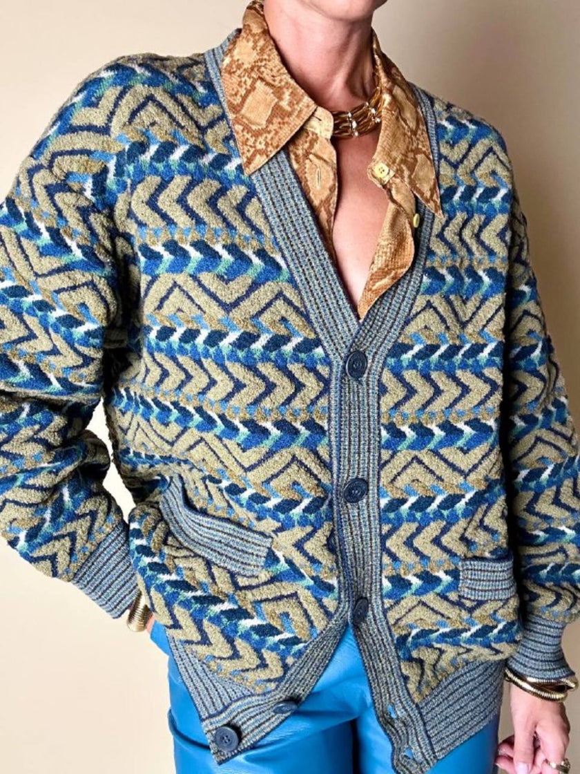 Cardigan Missoni Sport con pattern geometrico e trama tridimensionale nei toni del verde e blu