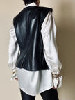 Gilet vintage in pelle nera modello doppiopetto con bottoni gioiello e fodera fantasia cachemire