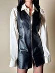 Abito scamiciato vintage in pelle nera con zip frontale