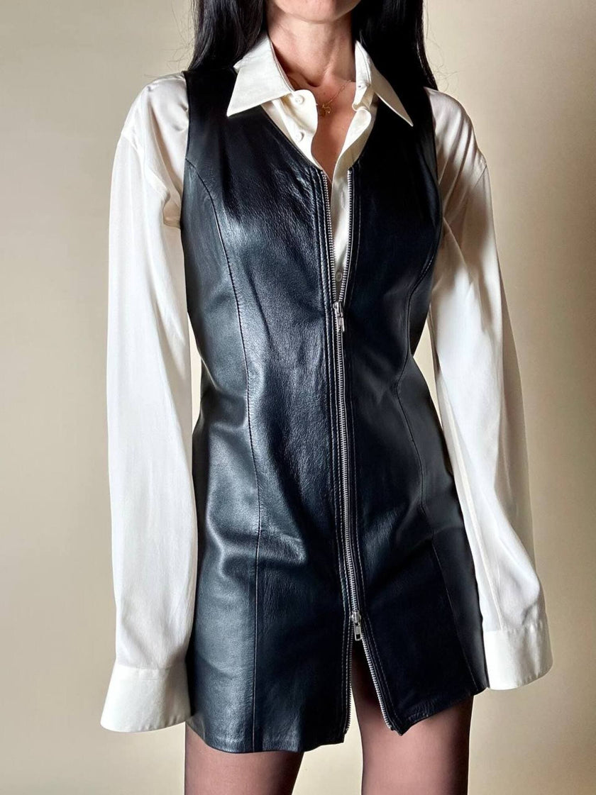 Abito scamiciato vintage in pelle nera con zip frontale