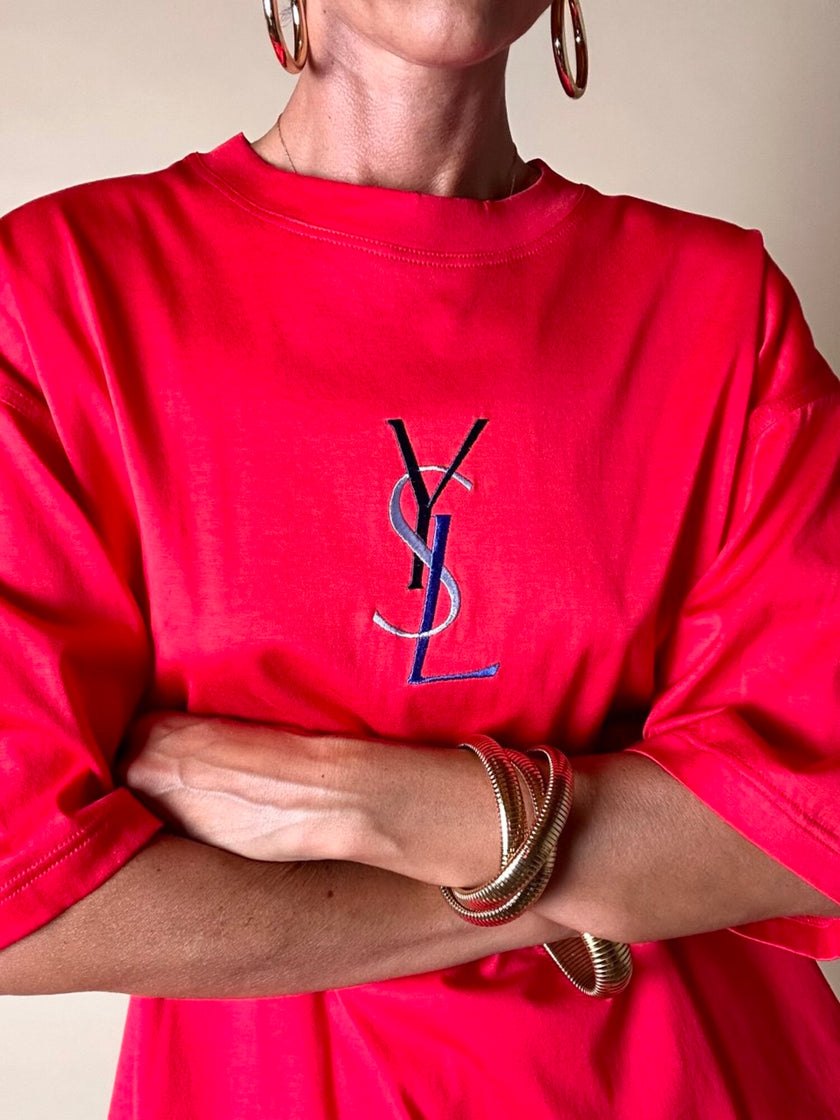 T-shirt Yves Saint Laurent  in cotone rosso con maxi logo YSL