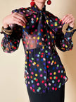 Camicia con fiocco in chiffon di seta nero a pois multicolor “D&G”
