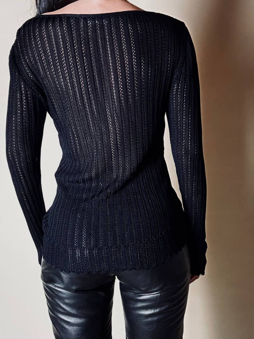 Maglia vintage Yves Saint Laurent nera traforata con profili smerlati