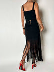 Gonna a tubino vintage Ivoire De Laurence Paris in jersey nero con frange lunghe