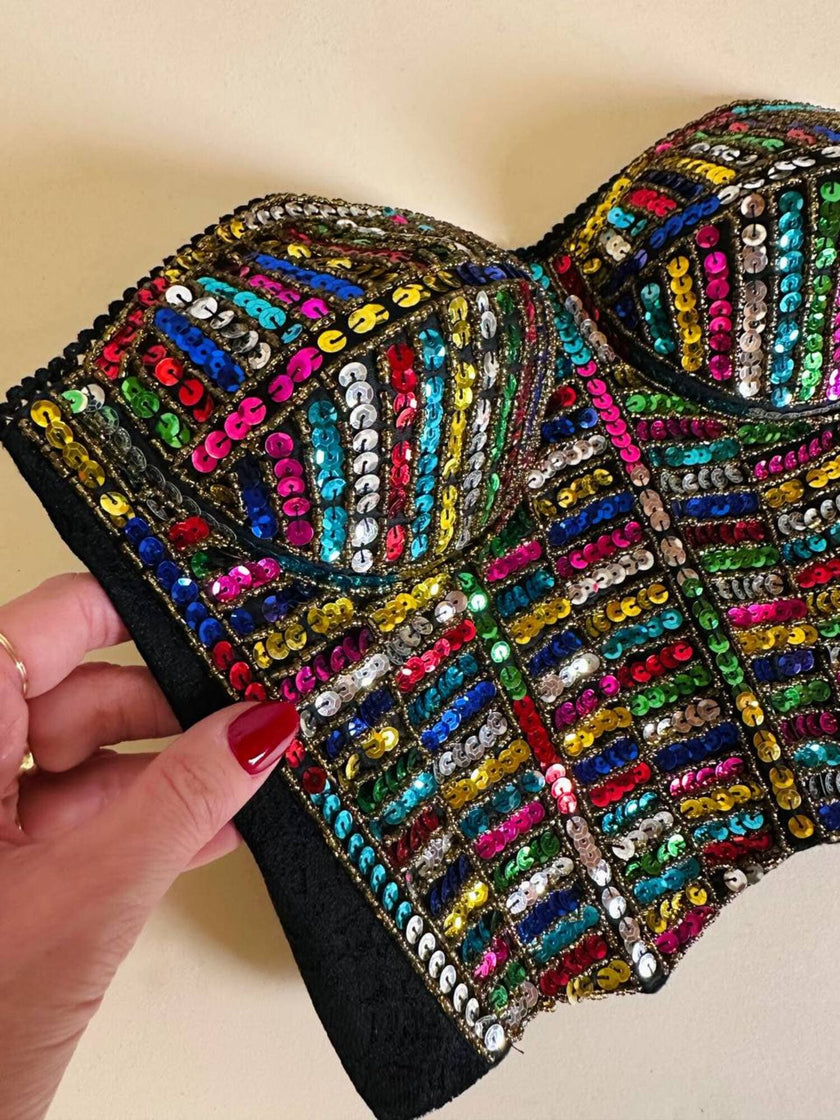 Bustier in paillettes multicolor e pizzo nero