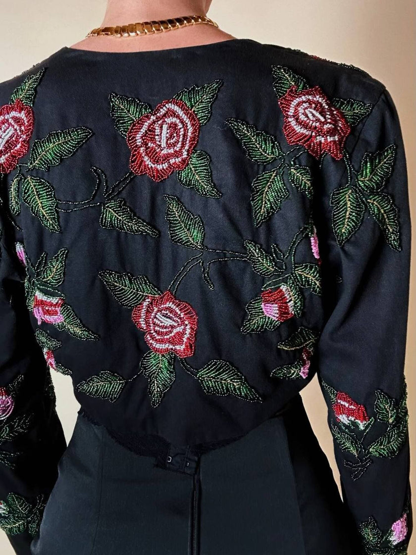 Bolero sartoriale in cotone nero con rose rosse ricamate in perline