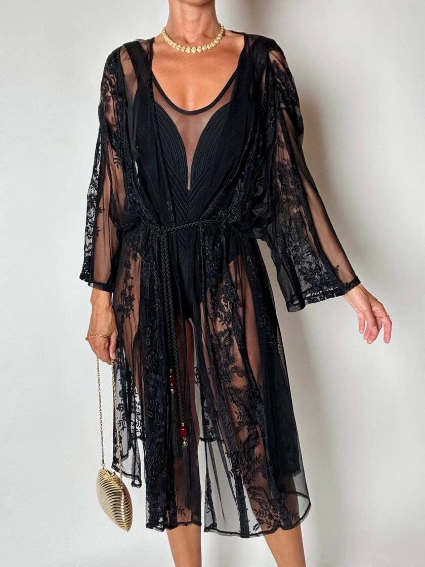 Kimono vintage in tulle nero con ricami floreali