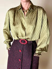 Gonna sartoriale A-Line in lana bouclé grigio antracite e rosso con bottoni in pelle