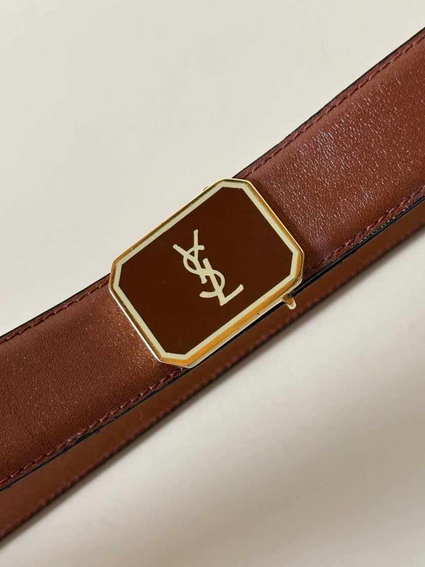 Vintage Yves Saint Laurent tan leather belt with an octagonal enamel buckle and YSL logo