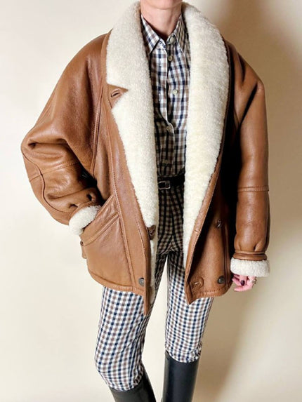 Schearling doppiopetto in pelle color cuoio con vello naturale Shearling Original