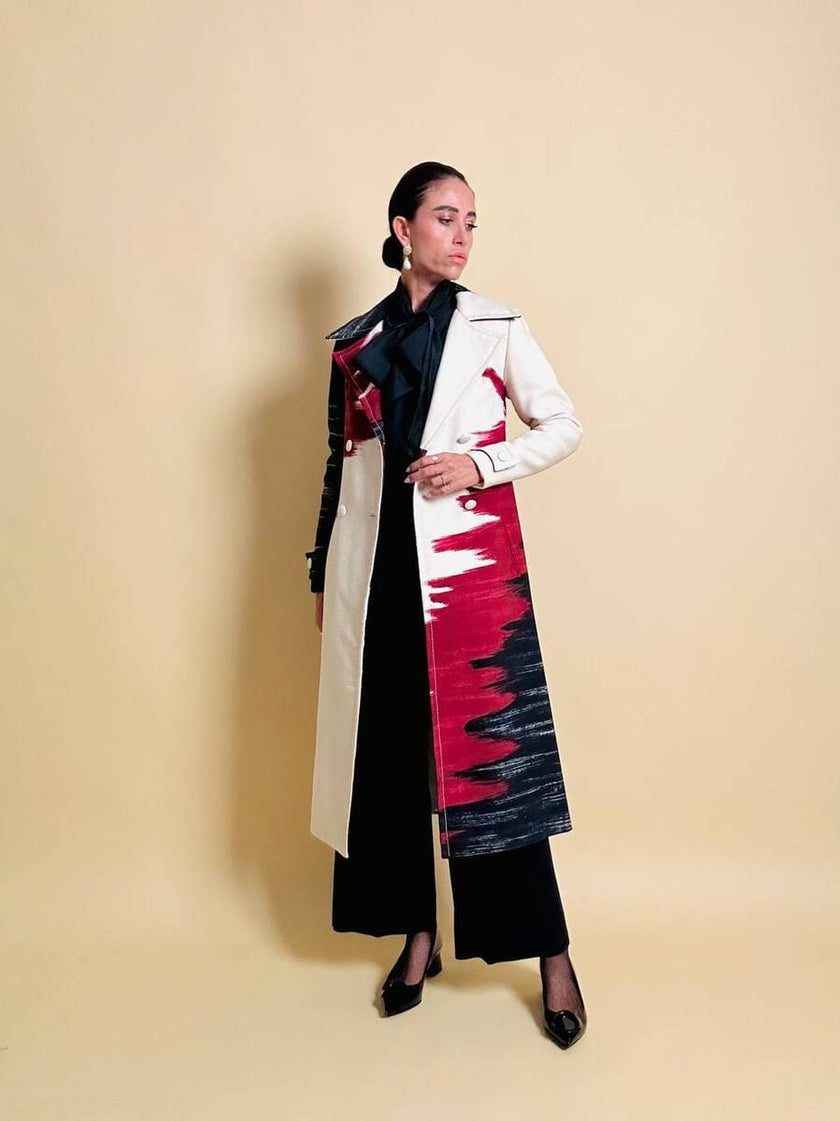 Cappotto redingote in lana fantasia astratta
