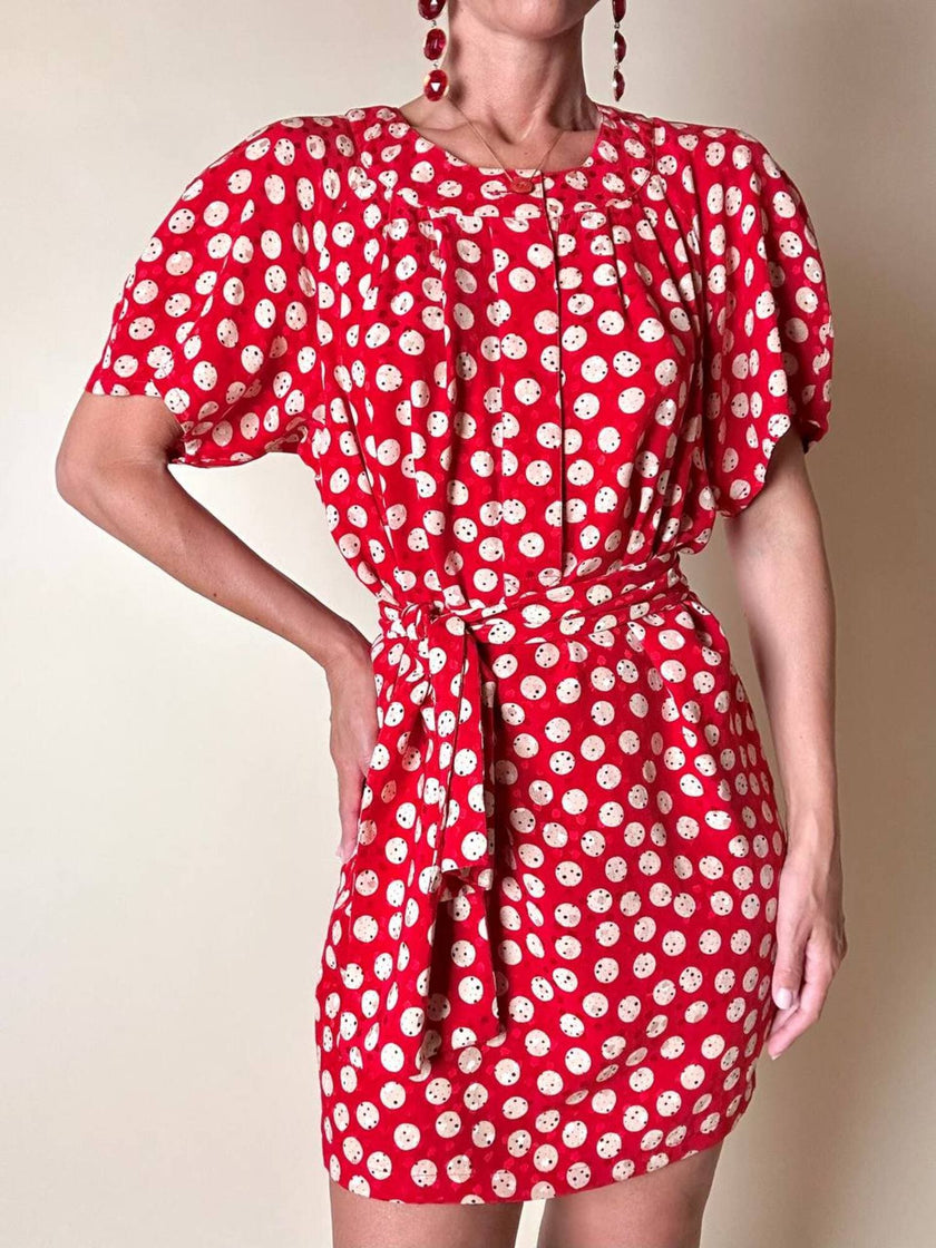Mini abito rosso in seta jacquard a pois con fusciacca in coordinato “Fendi”