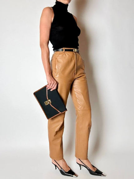 Pantalone vintage a vita alta in pelle color cuoio Modissa