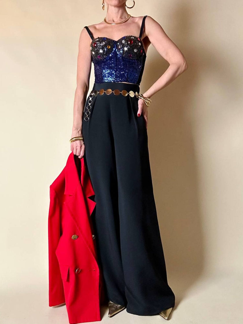 Bustier ricamato in paillettes bluette e strass multicolor